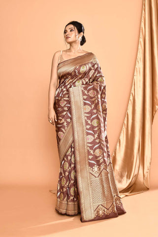 'Gulbahar' Brown Pure Katan Silk Banarasi Handloom Saree