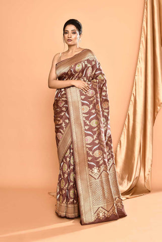 'Gulbahar' Brown Pure Katan Silk Banarasi Handloom Saree