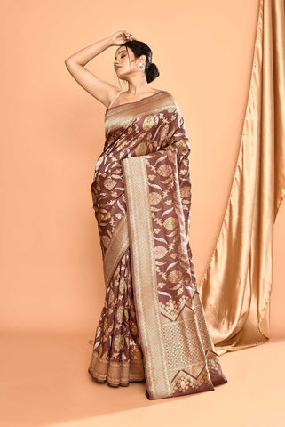 'Gulbahar' Brown Pure Katan Silk Banarasi Handloom Saree