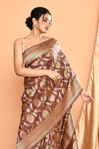 'Gulbahar' Brown Pure Katan Silk Banarasi Handloom Saree