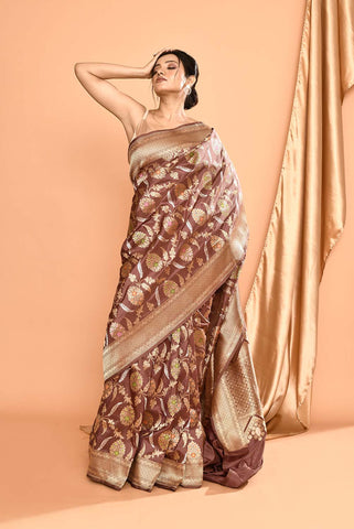 'Gulbahar' Brown Pure Katan Silk Banarasi Handloom Saree