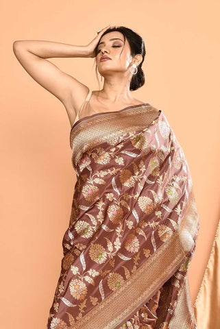 'Gulbahar' Brown Pure Katan Silk Banarasi Handloom Saree