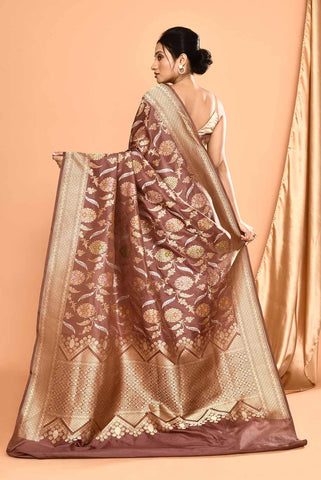 'Gulbahar' Brown Pure Katan Silk Banarasi Handloom Saree