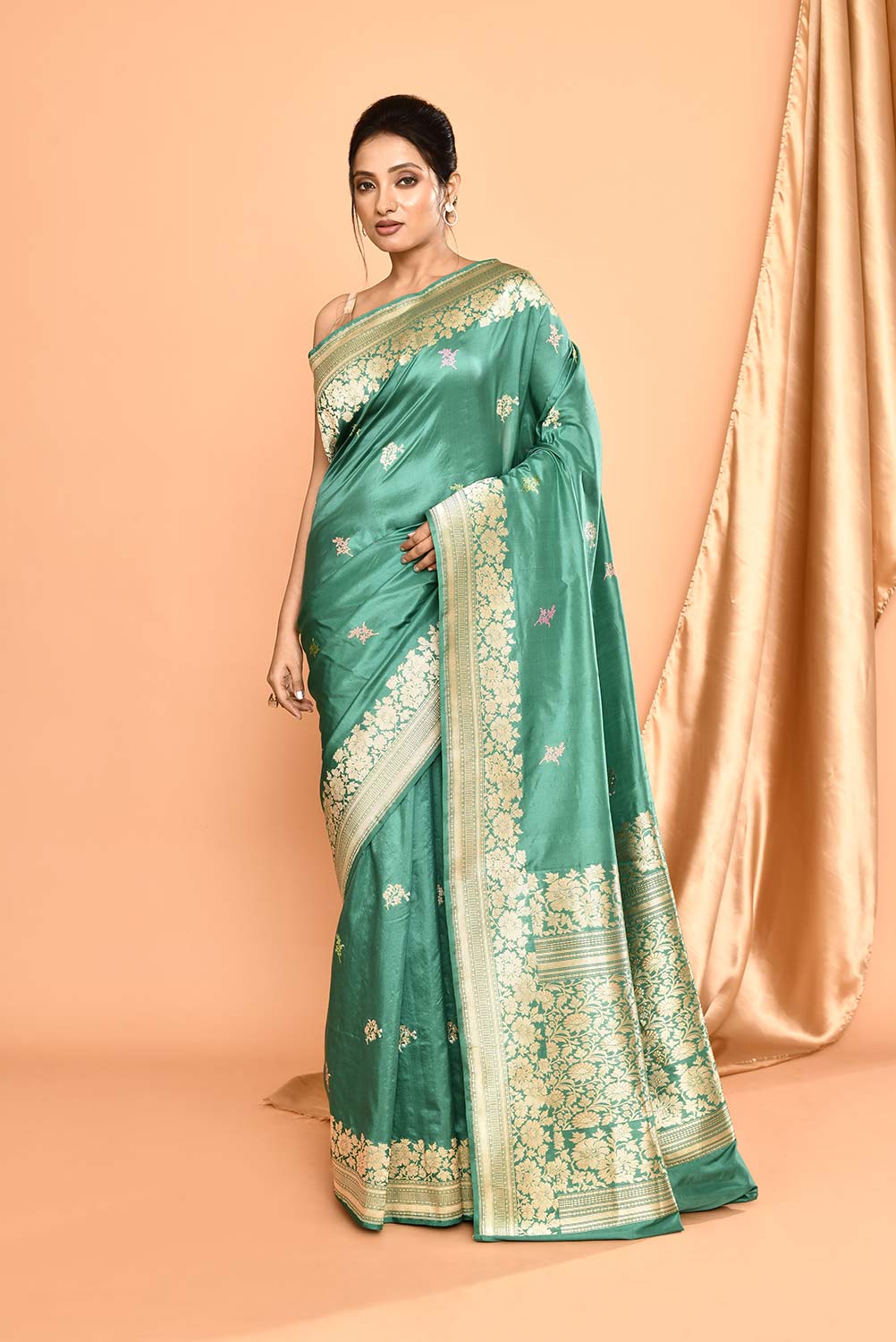 'Kusumita' Dusty Green Pure Katan Silk Banarasi Handloom Saree with kadhua Meenakari Boota