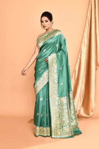 'Kusumita' Dusty Green Pure Katan Silk Banarasi Handloom Saree with kadhua Meenakari Boota