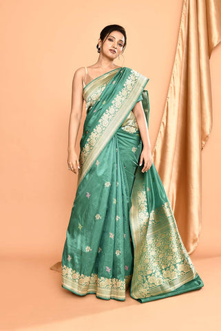 'Kusumita' Dusty Green Pure Katan Silk Banarasi Handloom Saree with kadhua Meenakari Boota