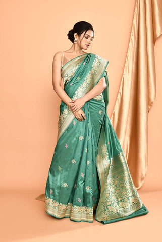 'Kusumita' Dusty Green Pure Katan Silk Banarasi Handloom Saree with kadhua Meenakari Boota