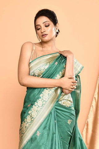 'Kusumita' Dusty Green Pure Katan Silk Banarasi Handloom Saree with kadhua Meenakari Boota