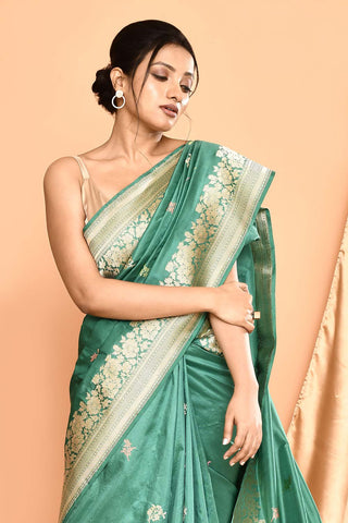 'Kusumita' Dusty Green Pure Katan Silk Banarasi Handloom Saree with kadhua Meenakari Boota