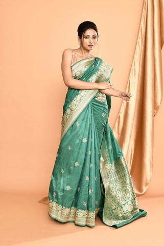 'Kusumita' Dusty Green Pure Katan Silk Banarasi Handloom Saree with kadhua Meenakari Boota