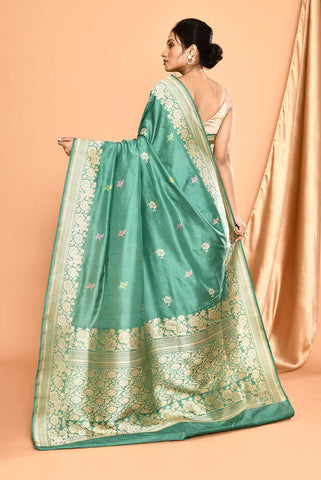 'Kusumita' Dusty Green Pure Katan Silk Banarasi Handloom Saree with kadhua Meenakari Boota