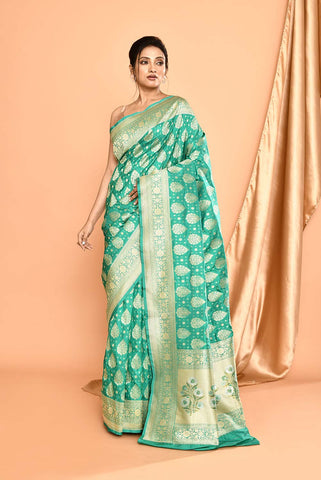 'Pankhuri' Green Pure Uppada Katan Silk Banarasi Handloom Saree