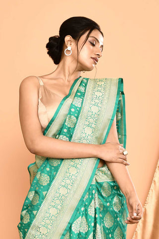 'Pankhuri' Green Pure Uppada Katan Silk Banarasi Handloom Saree