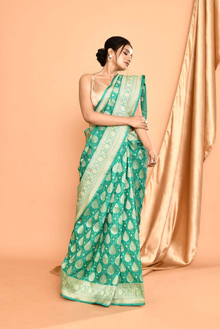 'Pankhuri' Green Pure Uppada Katan Silk Banarasi Handloom Saree