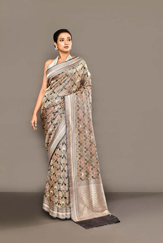 'Hunar' Silver Grey Meenakari Tanchoi Brocade Pure Katan Silk Banarasi Handloom Saree