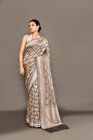 'Hunar' Silver Grey Meenakari Tanchoi Brocade Pure Katan Silk Banarasi Handloom Saree