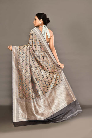 'Hunar' Silver Grey Meenakari Tanchoi Brocade Pure Katan Silk Banarasi Handloom Saree