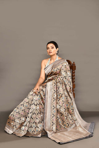 'Hunar' Silver Grey Meenakari Tanchoi Brocade Pure Katan Silk Banarasi Handloom Saree