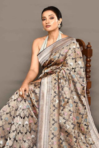 'Hunar' Silver Grey Meenakari Tanchoi Brocade Pure Katan Silk Banarasi Handloom Saree