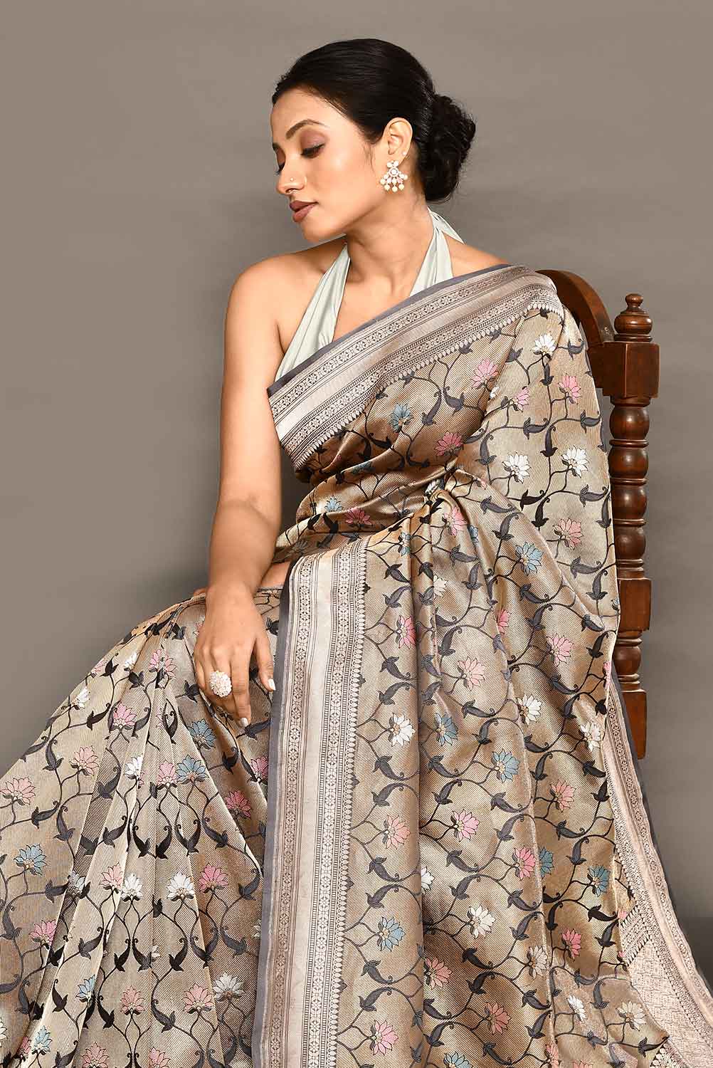 'Hunar' Silver Grey Meenakari Tanchoi Brocade Pure Katan Silk Banarasi Handloom Saree