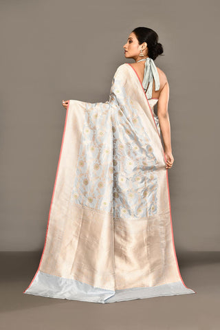 'Powder Blue' Pure Katan Silk Banarasi Handloom saree with Meenakari Jaal and contrast Selvedge