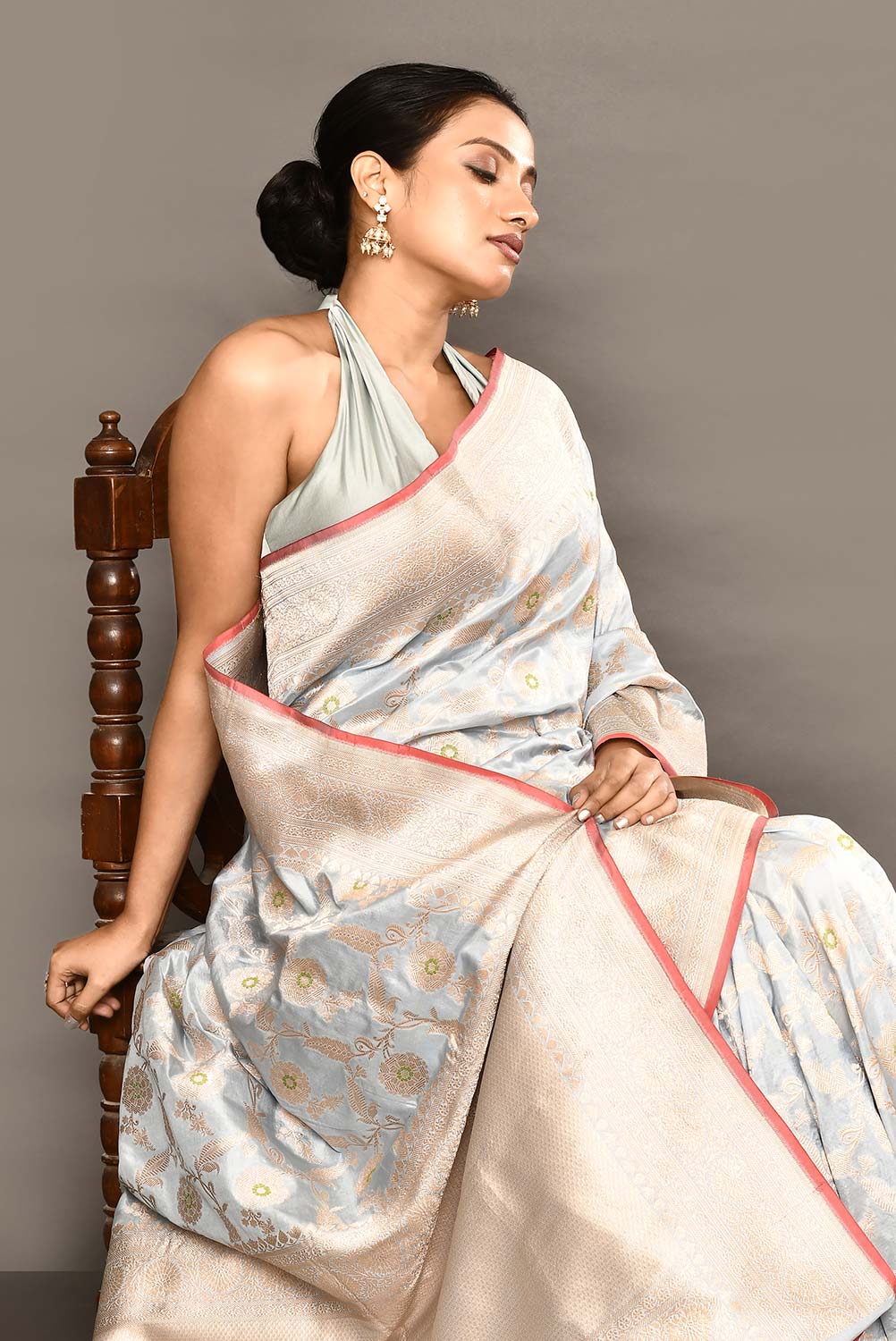 'Powder Blue' Pure Katan Silk Banarasi Handloom saree with Meenakari Jaal and contrast Selvedge