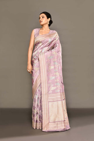 'Khwab' Lilac Pure Katan Silk Kadhua Jangla Banarasi Handloom Saree with Meenakari