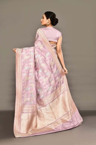 'Khwab' Lilac Pure Katan Silk Kadhua Jangla Banarasi Handloom Saree with Meenakari