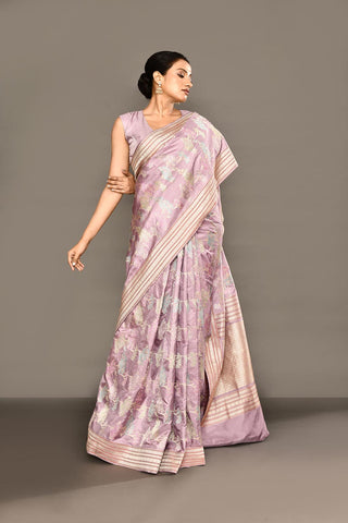 'Khwab' Lilac Pure Katan Silk Kadhua Jangla Banarasi Handloom Saree with Meenakari