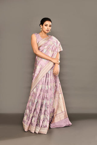 'Khwab' Lilac Pure Katan Silk Kadhua Jangla Banarasi Handloom Saree with Meenakari