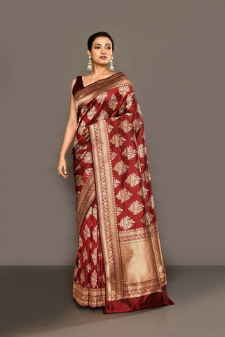 'Maharani' Deep Wine-Maroon Pure Katan Silk Banarasi Handloom Saree