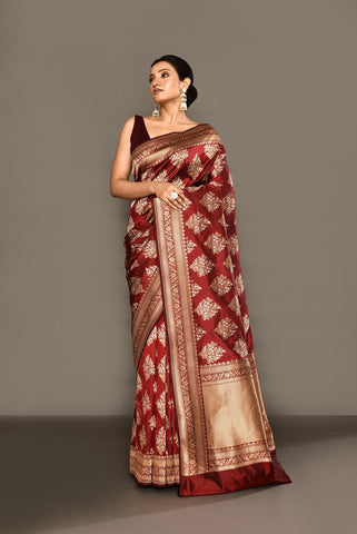 'Maharani' Deep Wine-Maroon Pure Katan Silk Banarasi Handloom Saree