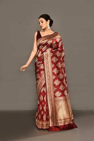 'Maharani' Deep Wine-Maroon Pure Katan Silk Banarasi Handloom Saree