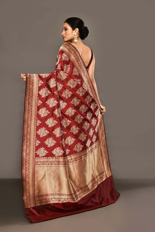 'Maharani' Deep Wine-Maroon Pure Katan Silk Banarasi Handloom Saree