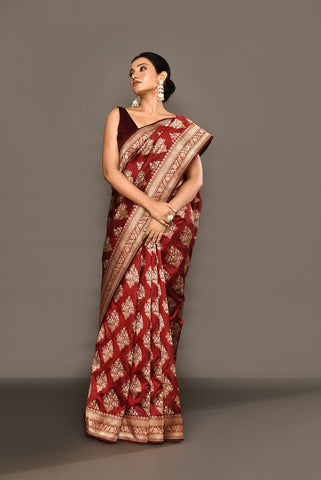 'Maharani' Deep Wine-Maroon Pure Katan Silk Banarasi Handloom Saree