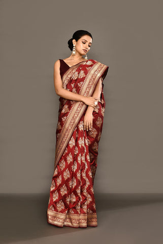 'Maharani' Deep Wine-Maroon Pure Katan Silk Banarasi Handloom Saree