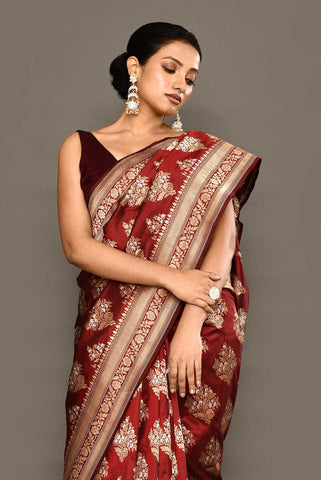 'Maharani' Deep Wine-Maroon Pure Katan Silk Banarasi Handloom Saree