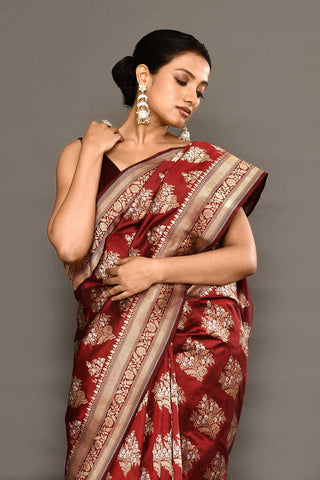 'Maharani' Deep Wine-Maroon Pure Katan Silk Banarasi Handloom Saree