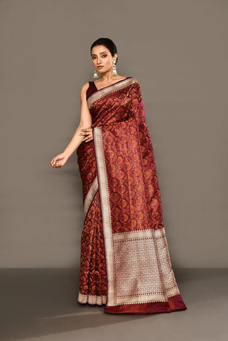 'Nayab' Deep Cranberry Resham Tanchoi Brocade Pure Katan Silk Banarasi Handloom Saree