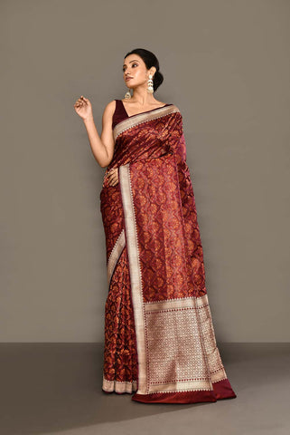 'Nayab' Deep Cranberry Resham Tanchoi Brocade Pure Katan Silk Banarasi Handloom Saree