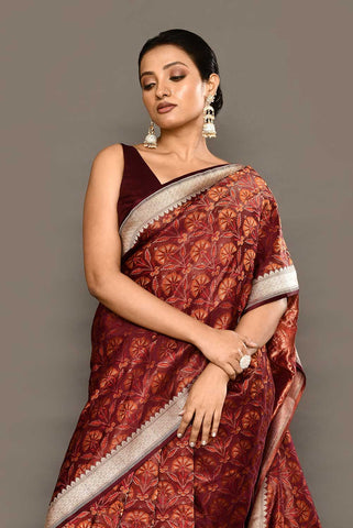 'Nayab' Deep Cranberry Resham Tanchoi Brocade Pure Katan Silk Banarasi Handloom Saree