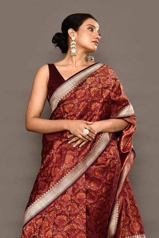 'Nayab' Deep Cranberry Resham Tanchoi Brocade Pure Katan Silk Banarasi Handloom Saree