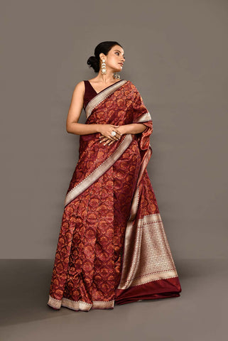 'Nayab' Deep Cranberry Resham Tanchoi Brocade Pure Katan Silk Banarasi Handloom Saree