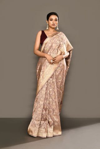 'Patterned Perfection' Rose Grey Pure Katan Silk Jaal Brocade Banarasi Handloom Saree