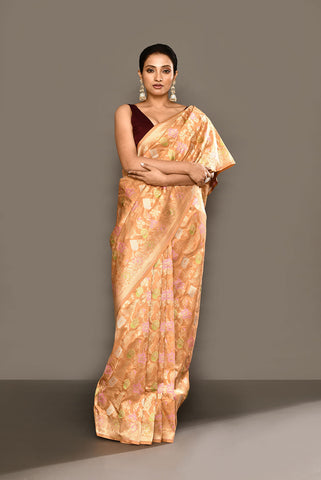 Handloom 'Deep Beige Tussar' Pure Katan Silk Banarasi Handloom Saree With all Over Meenakari Jaal