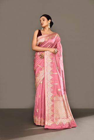 'Deep Old Rose Pink' Pure Katan Silk Banarasi Handloom Saree With Kadhua Meenakari Boota and Border