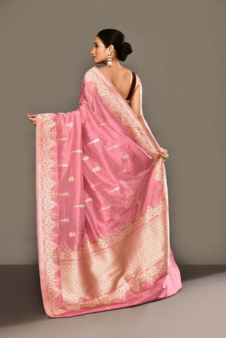 'Deep Old Rose Pink' Pure Katan Silk Banarasi Handloom Saree With Kadhua Meenakari Boota and Border