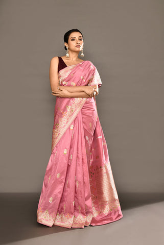 'Deep Old Rose Pink' Pure Katan Silk Banarasi Handloom Saree With Kadhua Meenakari Boota and Border