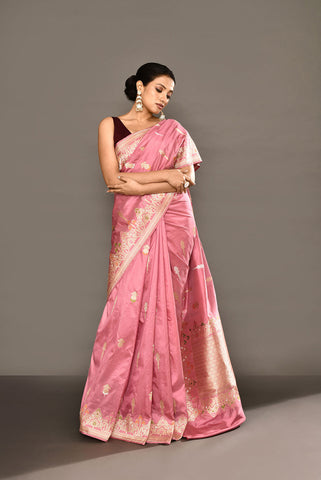 'Deep Old Rose Pink' Pure Katan Silk Banarasi Handloom Saree With Kadhua Meenakari Boota and Border