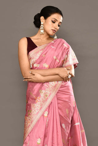 'Deep Old Rose Pink' Pure Katan Silk Banarasi Handloom Saree With Kadhua Meenakari Boota and Border